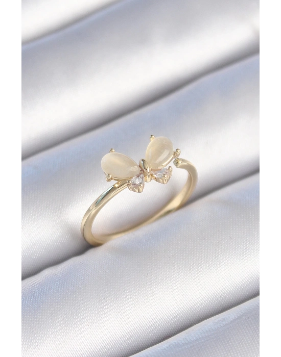 ® Pirinç Gold Renk Beyaz Mineli Zirkon Taşlı Kelebek Model Kadın Yüzük