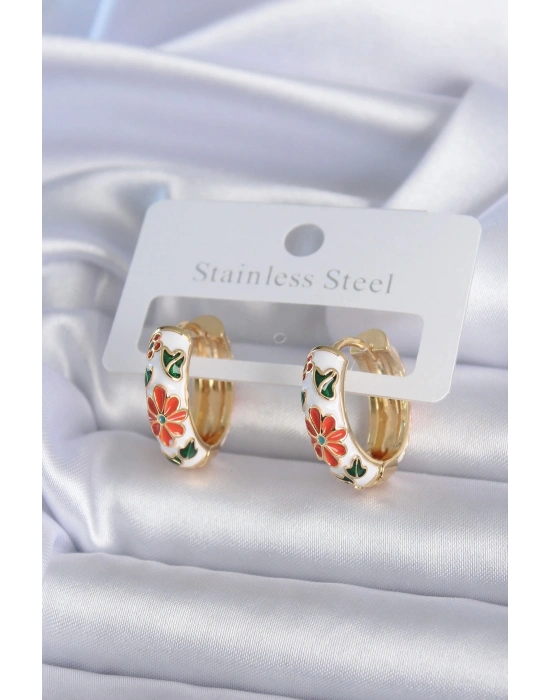 ® Pirinç Gold Renk Beyaz Renk Çiçek İşleme Detay Kadın Küpe