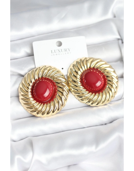 ® Pirinç Gold Renk Bordo Boncuklu Vintage Kadın Küpe