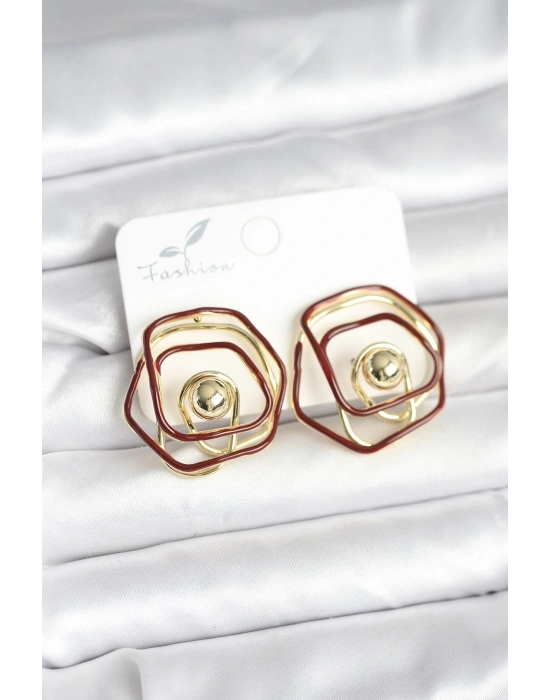 ® Pirinç Gold Renk Bordo Mineli Geometrik Gül Model Kadın Küpe