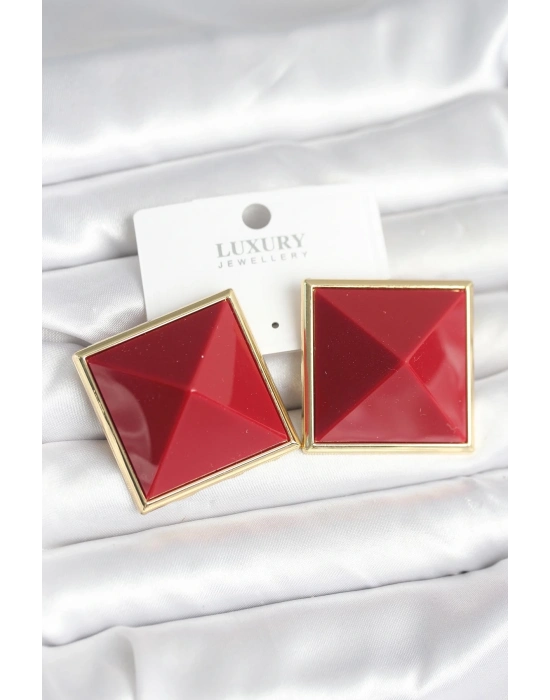 ® Pirinç Gold Renk Bordo Piramit Model Kadın Küpe