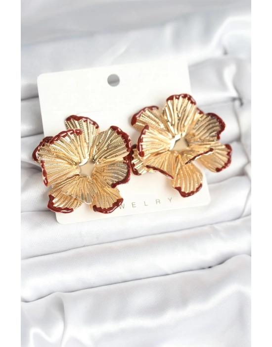 ® Pirinç Gold Renk Bordo Renk Detaylı Lotus Kadın Küpe