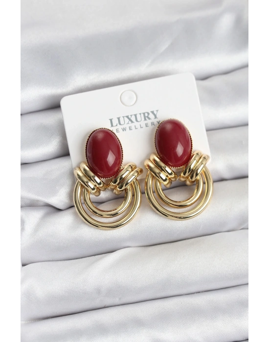 ® Pirinç Gold Renk Bordo Taşlı Vintage Kadın Küpe