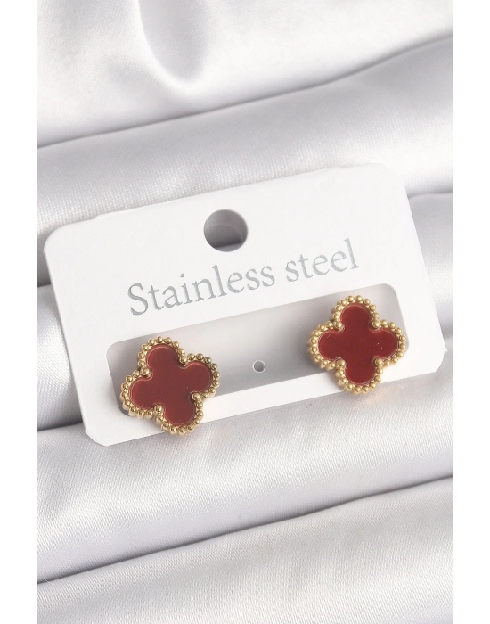 ® Pirinç Gold Renk Bordo Yonca Model Kadın Küpe