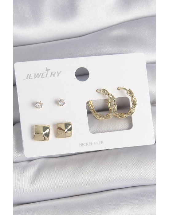 ® Pirinç Gold Renk Burgu Halka Model Zirkon Taşlı Kare Detay 3 Çift Kadın Küpe Seti