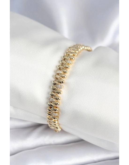 ® Pirinç Gold Renk Damla Model Zirkon Taşlı Kadın Bileklik