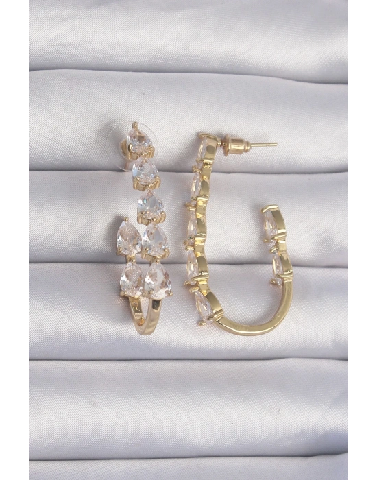 ® Pirinç Gold Renk Damla Zirkon Taş Tasarımlı Küpe