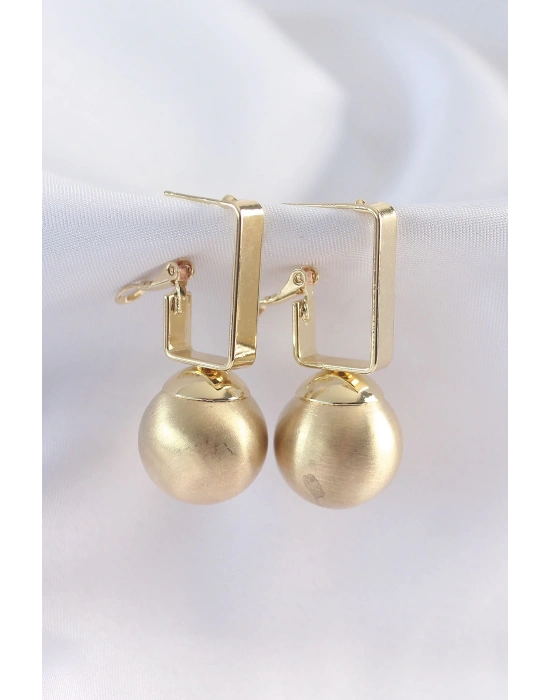 ® Pirinç Gold Renk Dikdörtgen Detay Oval Küpe