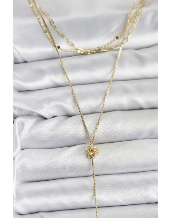 ® Pirinç Gold Renk Düğüm Model Detaylı 3lü Kombin Y Kadın Kolye