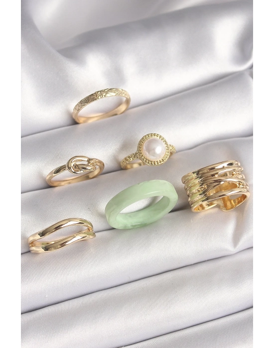 ® Pirinç Gold Renk Düğüm Model İncili İşlemeli Plaka Model 6Lı Kadın Yüzük Seti