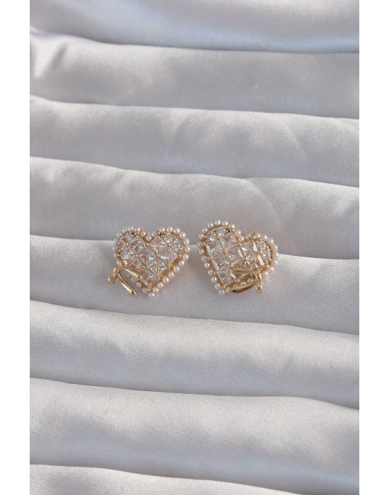 ® Pirinç Gold Renk Fiyonk Detay İncili Zirkon Taşlı Kalp Küpe