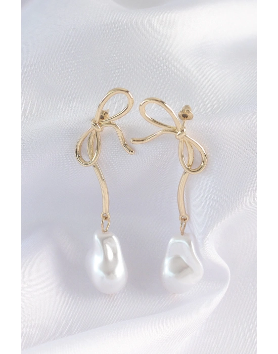 ® Pirinç Gold Renk Fiyonk Model İnci Taşlı Uzun Küpe