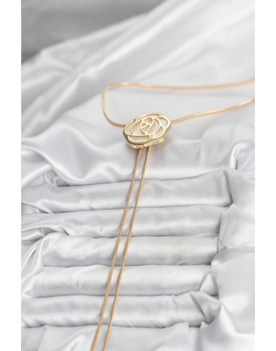 ® Pirinç Gold Renk Gül Model Asansörlü Kadın Kolye