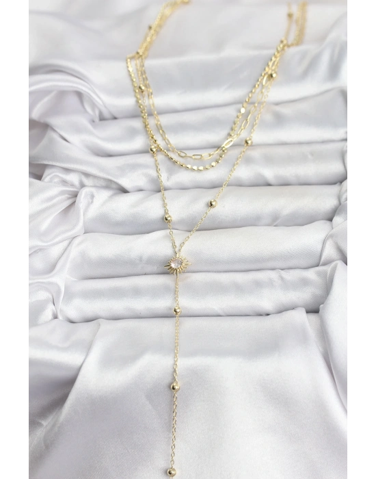 ® Pirinç Gold Renk Güneş Model Detaylı 3lü Kombin Y Kadın Kolye