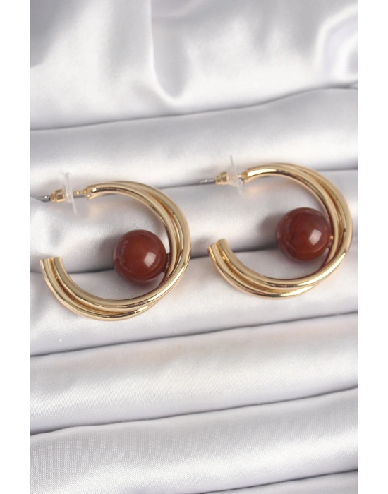 ® Pirinç Gold Renk Halka Model Kahverengi Boncuk Detay Kadın Küpe