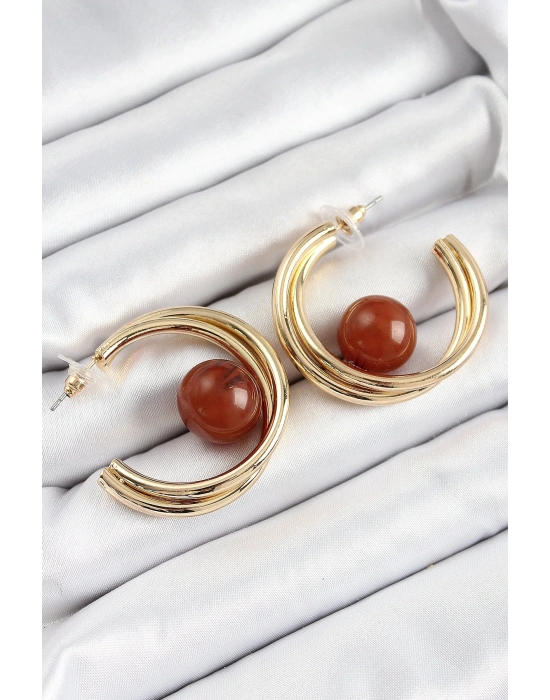 ® Pirinç Gold Renk Halka Model Kahverengi Boncuk Detay Kadın Küpe