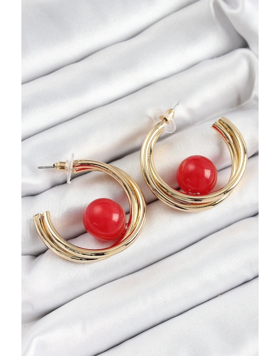 ® Pirinç Gold Renk Halka Model Kırmızı Boncuk Detay Kadın Küpe