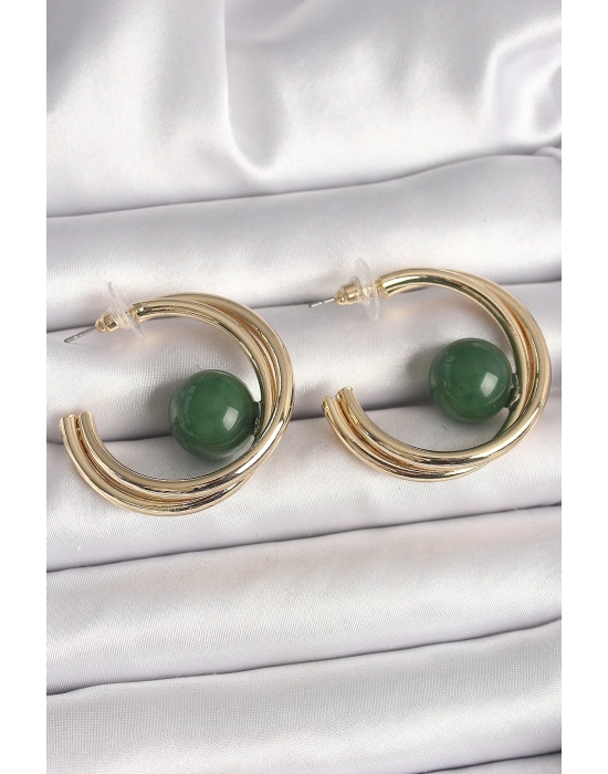 ® Pirinç Gold Renk Halka Model Yeşil Boncuk Detay Kadın Küpe