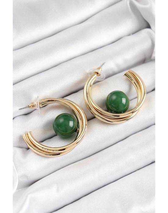 ® Pirinç Gold Renk Halka Model Yeşil Boncuk Detay Kadın Küpe