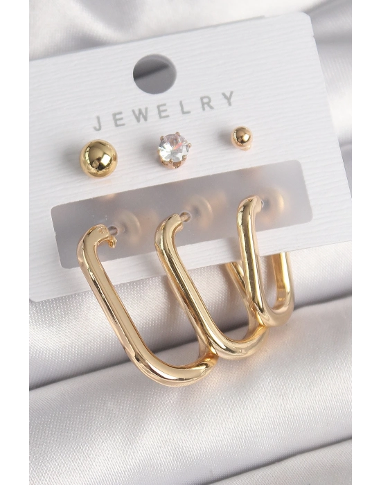 ® Pirinç Gold Renk Halka Model Zirkon Taş Topçuk Detay Kadın Küpe Seti