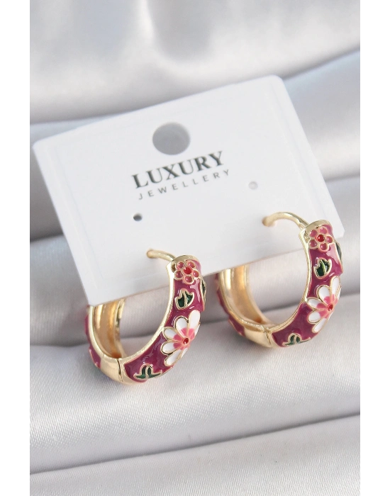 ® Pirinç Gold Renk Halka Mor Çiçek Mineli Kadın Küpe