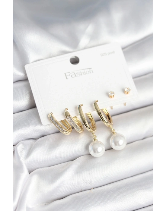 ® Pirinç Gold Renk İnci Detaylı 925 Ayar Gümüş Çivili Kadın Küpe Seti