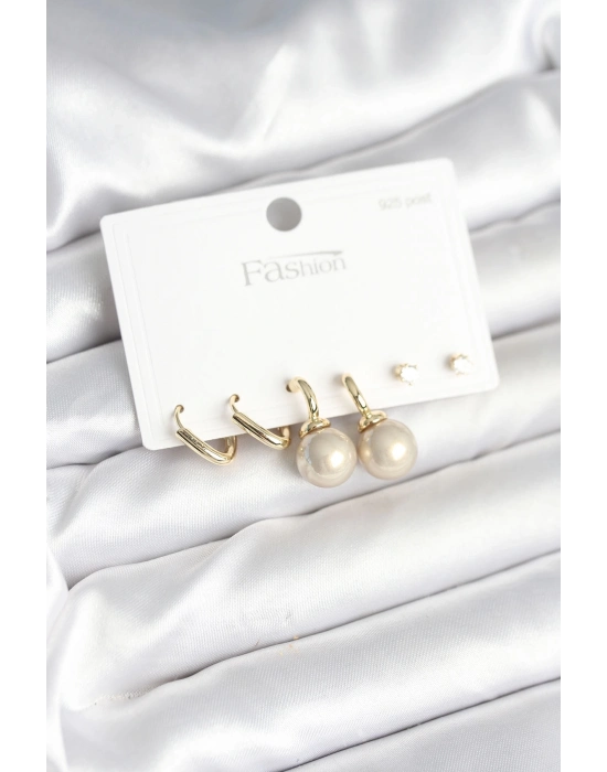 ® Pirinç Gold Renk İnci Detaylı 925 Gümüş Çivili Kadın Küpe Seti