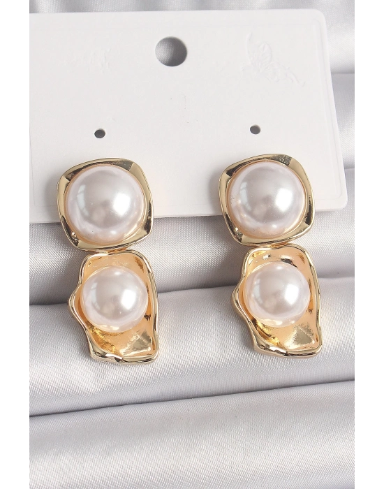 ® Pirinç Gold Renk İnci Kare Model Kadın Küpe