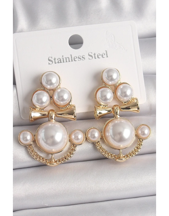 ® Pirinç Gold Renk İncili Çapa Model Kadın Küpe