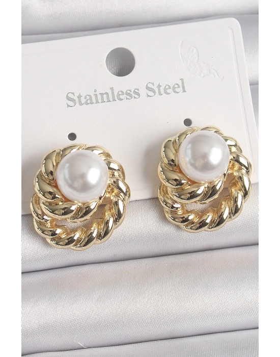 ® Pirinç Gold Renk İncili Sarmal Burgu Model Kadın Küpe