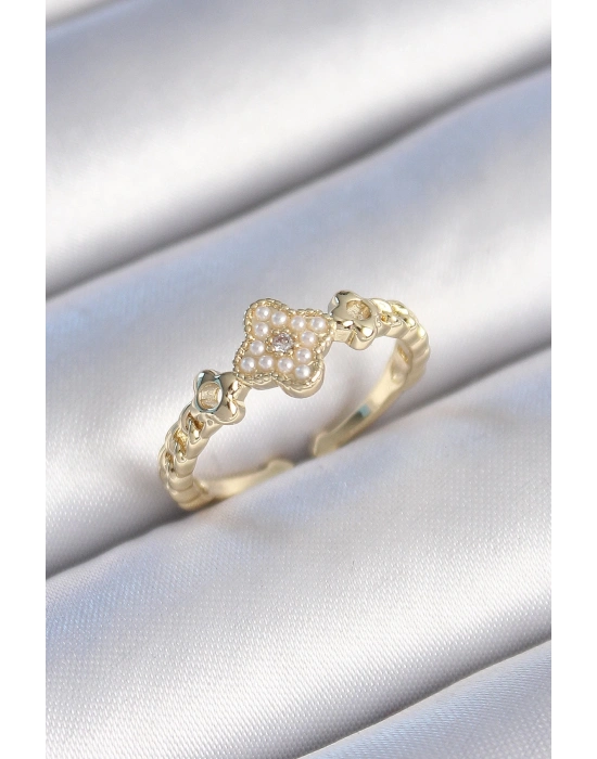 ® Pirinç Gold Renk İncili Yonca Model Zirkon Taş Detay Kadın Yüzük