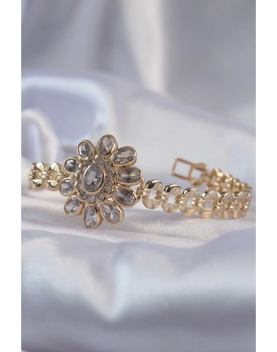 ® Pirinç Gold Renk İri Zirkon Taşlı Çiçek Figürlü Bileklik