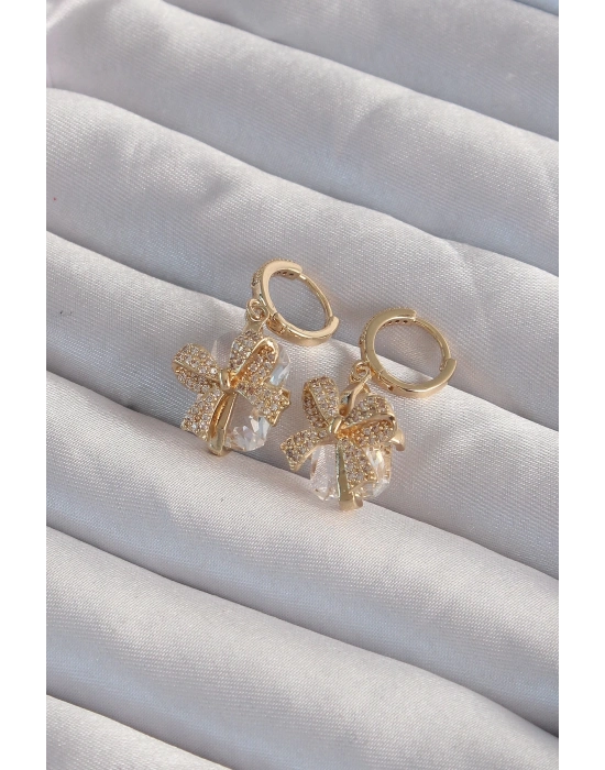 ® Pirinç Gold Renk İri Zirkon Taşlı Fiyonk Model Halka Küpe