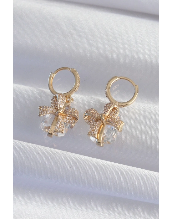 ® Pirinç Gold Renk İri Zirkon Taşlı Fiyonk Model Halka Küpe