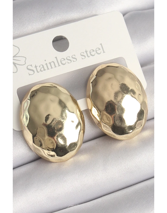 ® Pirinç Gold Renk İşlemeli Bombe Oval Model Kadın Küpe