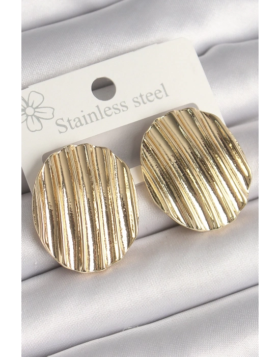 ® Pirinç Gold Renk İşlemeli Daire Plaka Model Kadın Küpe