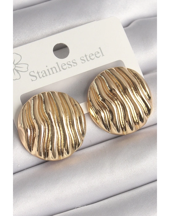 ® Pirinç Gold Renk İşlemeli Daire Plaka Model Kadın Küpe