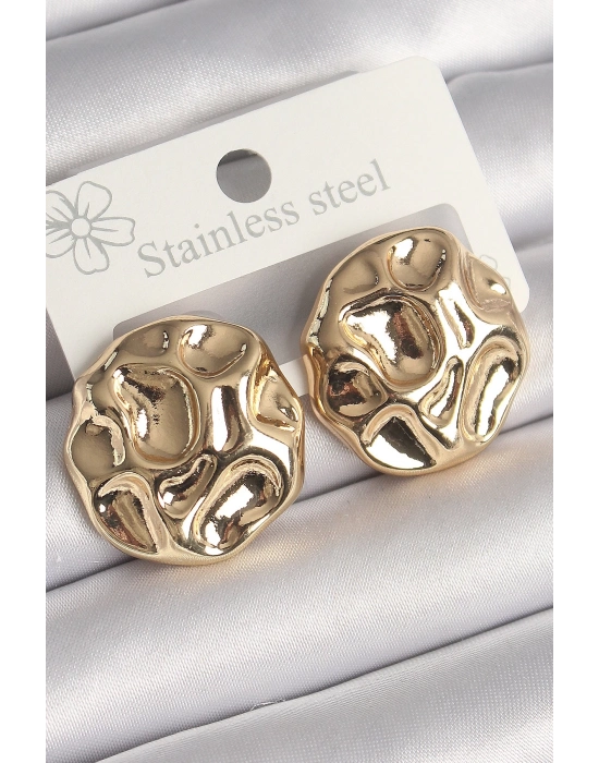 ® Pirinç Gold Renk İşlemeli Daire Plaka Model Kadın Küpe