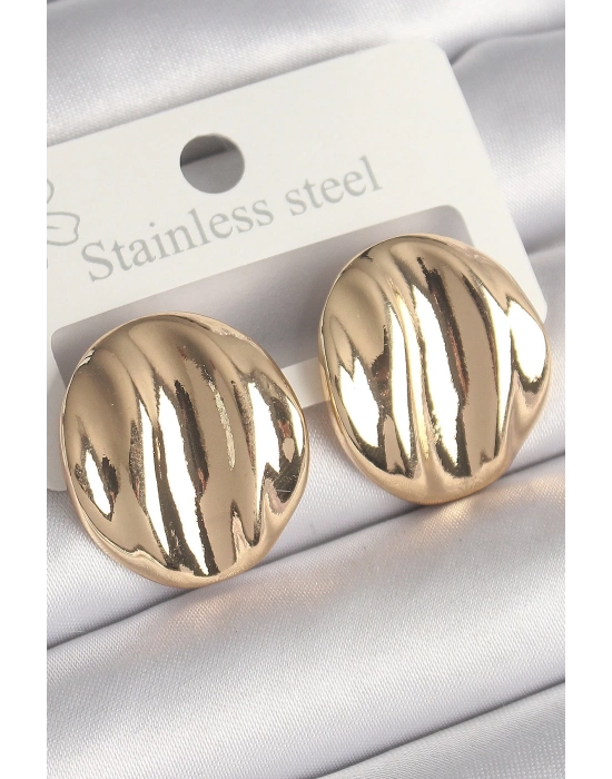 ® Pirinç Gold Renk İşlemeli Daire Plaka Model Kadın Küpe