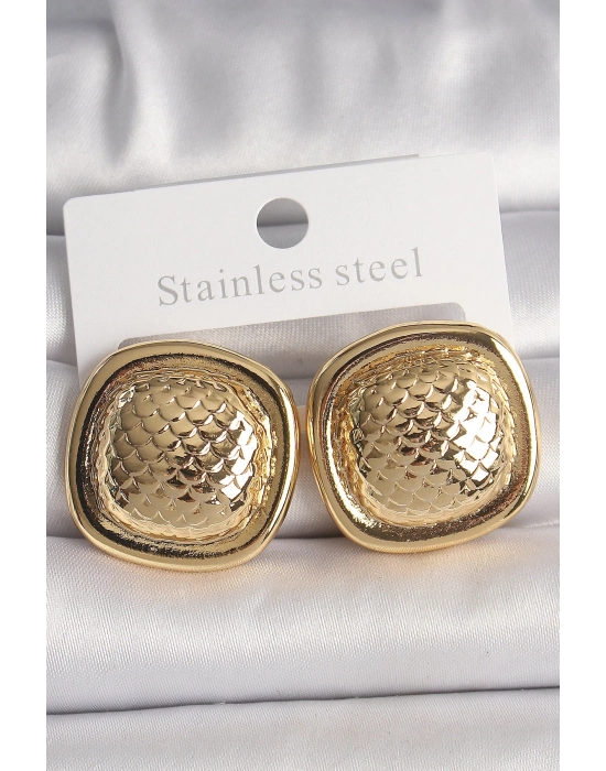 ® Pirinç Gold Renk İşlemeli Kare Model Kadın Küpe