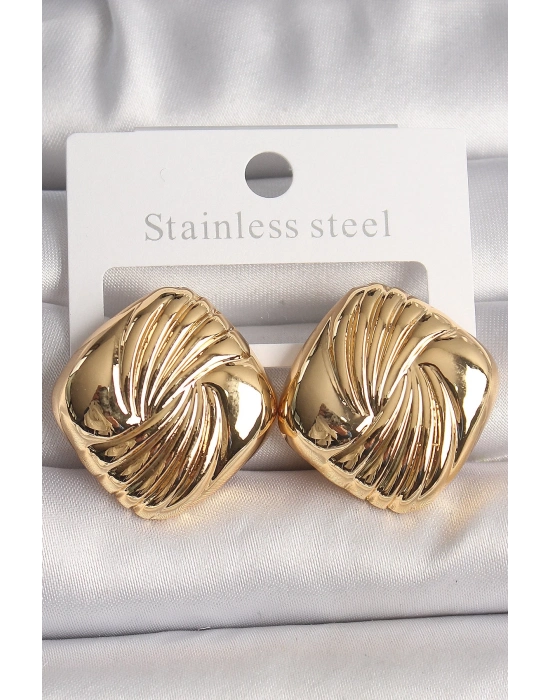 ® Pirinç Gold Renk İşlemeli Kare Model Kadın Küpe