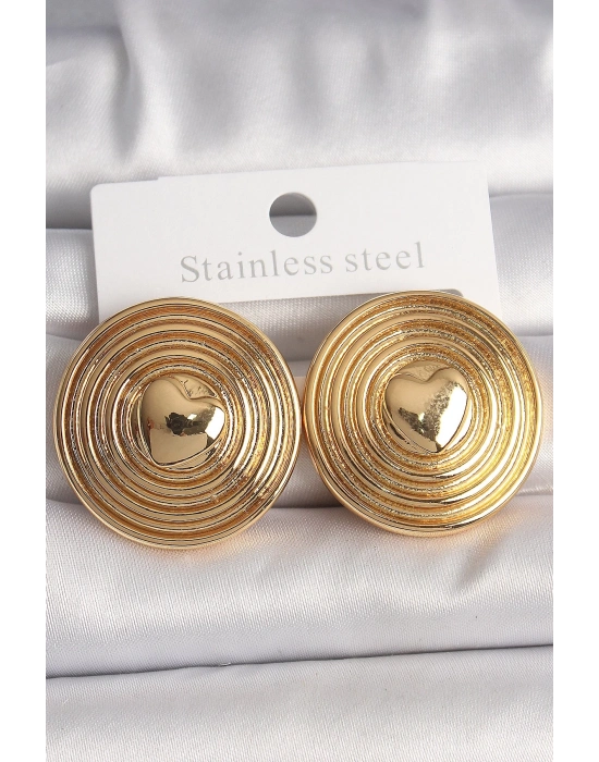 ® Pirinç Gold Renk Kalp İşlemeli Daire Plaka Model Kadın Küpe