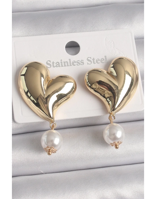 ® Pirinç Gold Renk Kalp Model Sallantı İnci Detay Kadın Küpe