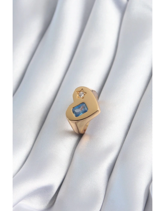 ® Pirinç Gold Renk Kalp Model Zirkon Taş Yıldız Detay Kadın Yüzük