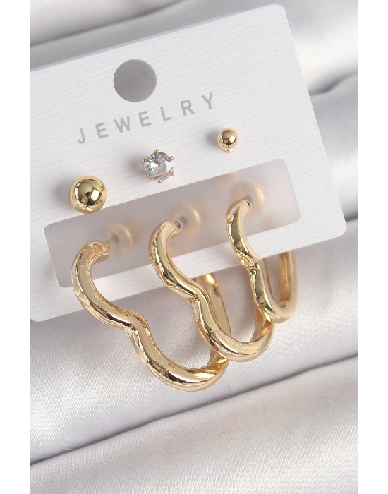 ® Pirinç Gold Renk Kalp Model Zirkon Taşlı Topçuk Detay Kadın Küpe Seti