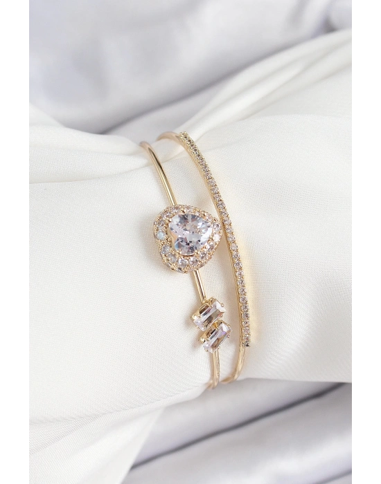 ® Pirinç Gold Renk Kalpli Zirkon Taşlı Kadın Bileklik