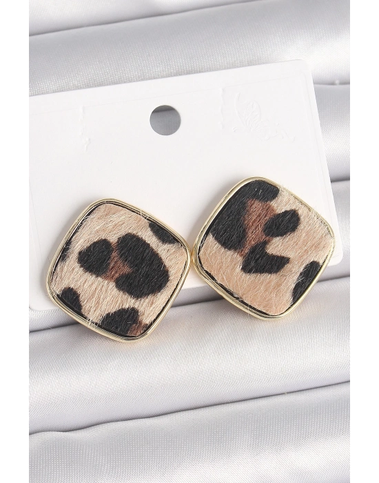 ® Pirinç Gold Renk Kare Leopar Model Kadın Küpe