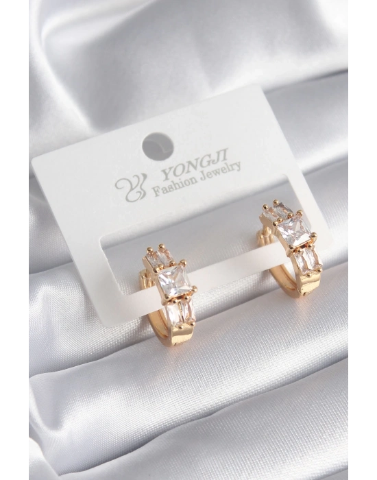 ® Pirinç Gold Renk Kare Zirkon Taşlı Kadın Küpe