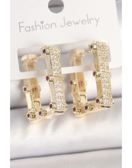 ® Pirinç Gold Renk Kare Zirkon Taşlı Kadın Küpe