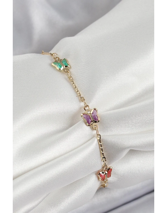 ® Pirinç Gold Renk Karışık Renk Kelebek Zirkon Taşlı Kadın Bileklik